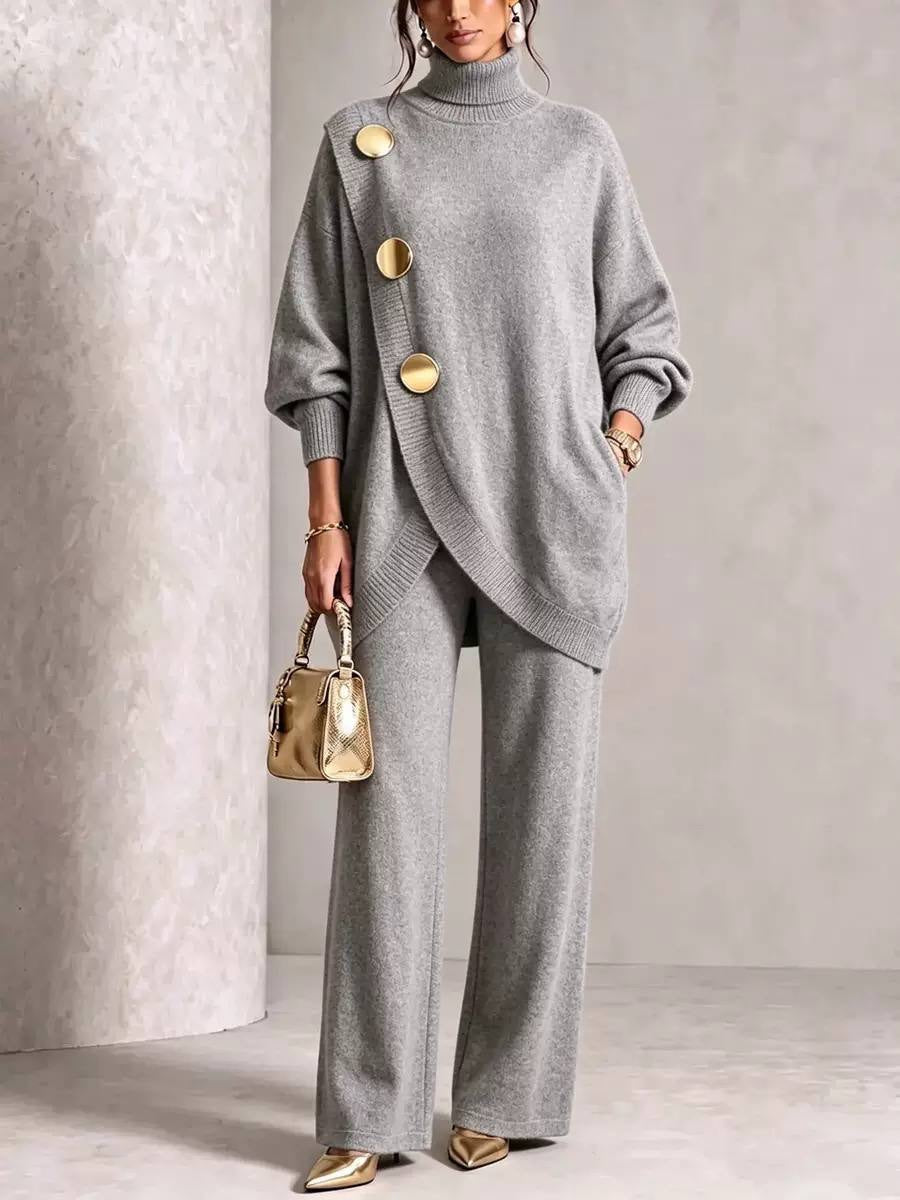 Roll Neck Button-Detail Jumper And Wide-Leg Trouser Set – Grey