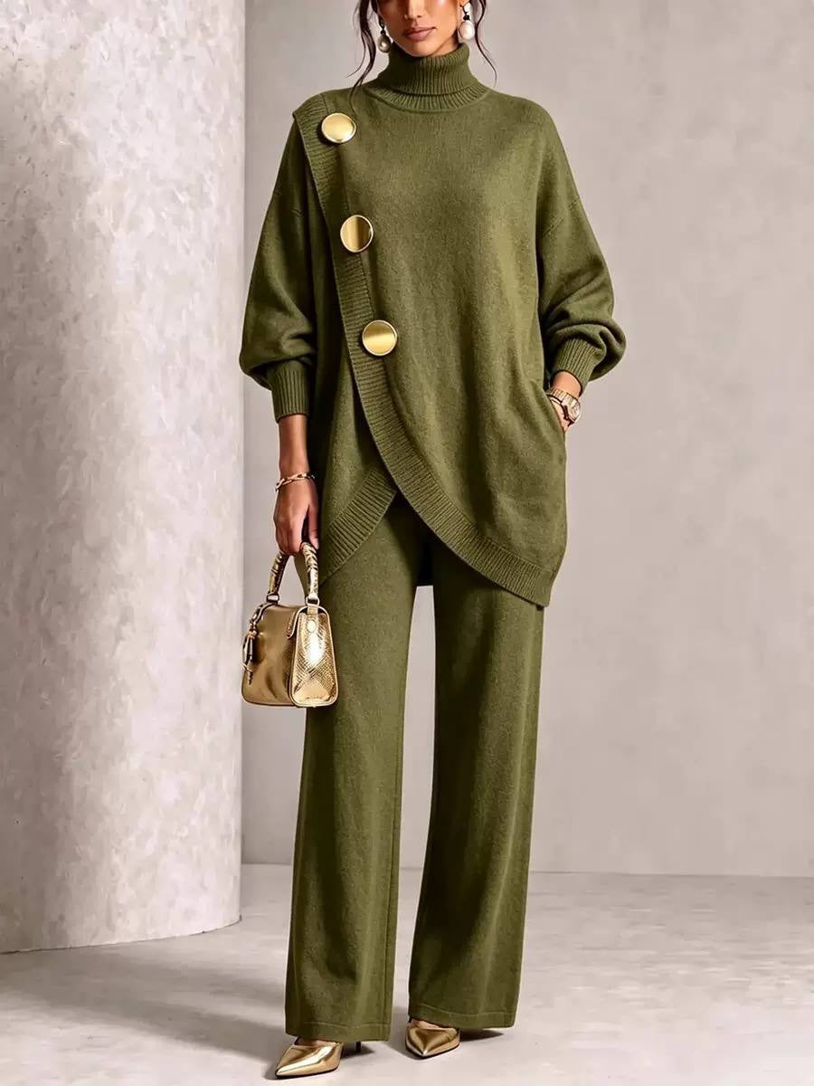 Roll Neck Button-Detail Jumper And Wide-Leg Trouser Set – Olive Green