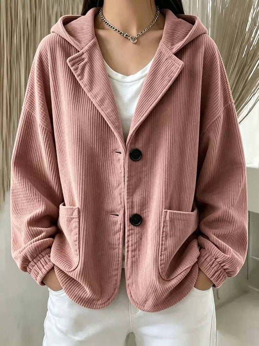 Relaxed Ribbed Hooded Jacket With Buttons And Patch Pockets – Pink