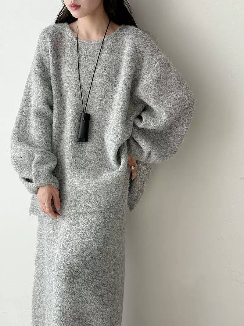Relaxed Button-Back Jumper And Skirt Set With Balloon Sleeves – Grey