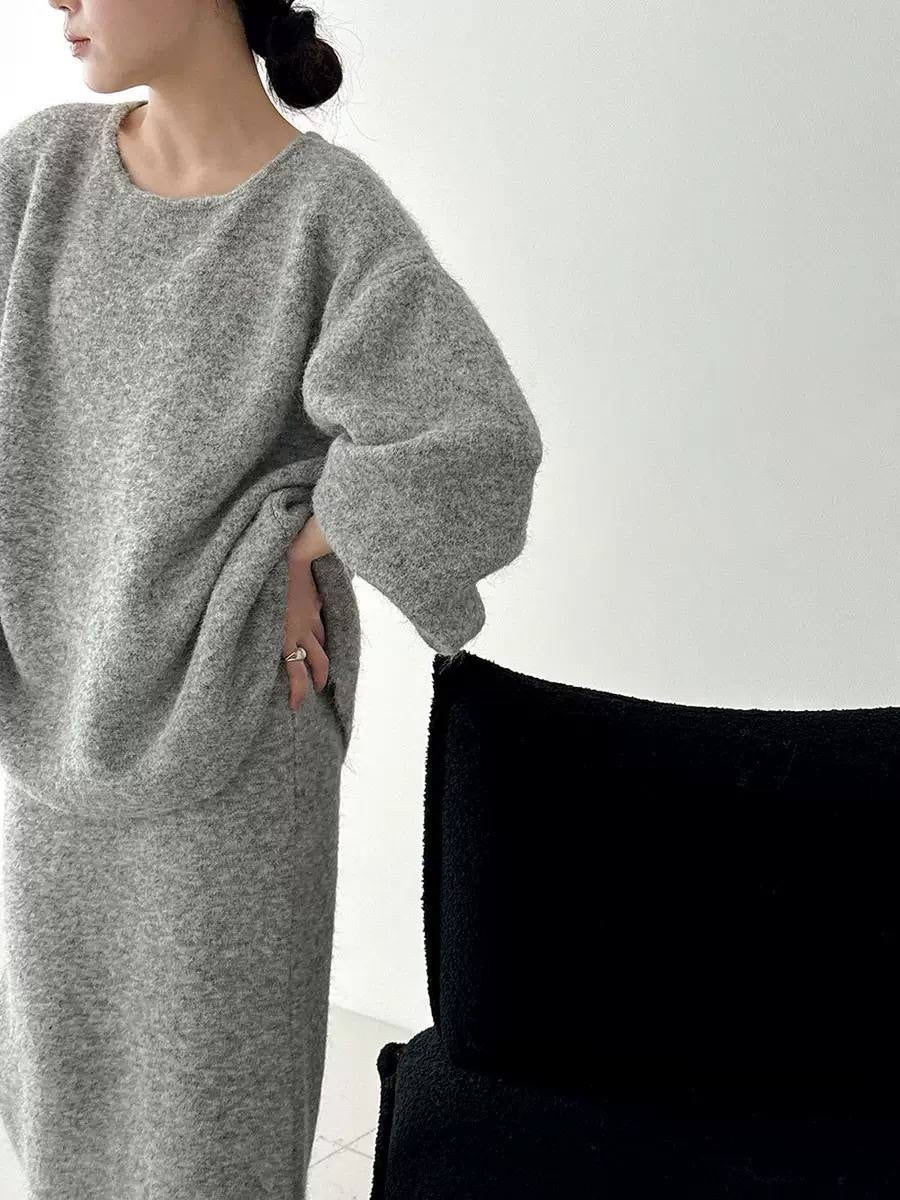 Relaxed Button-Back Jumper And Skirt Set With Balloon Sleeves – Grey