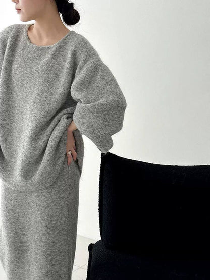 Relaxed Button-Back Jumper And Skirt Set With Balloon Sleeves – Grey