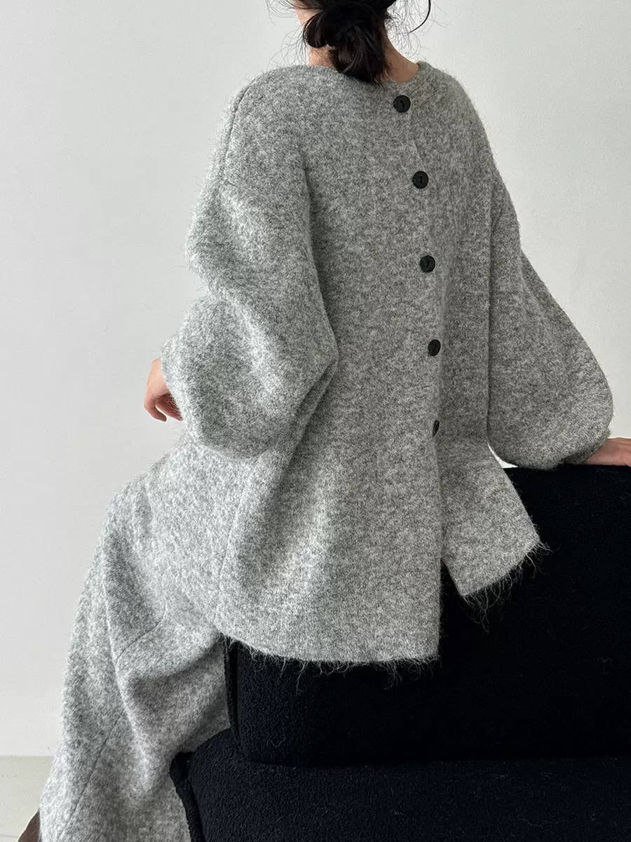 Relaxed Button-Back Jumper And Skirt Set With Balloon Sleeves – Grey