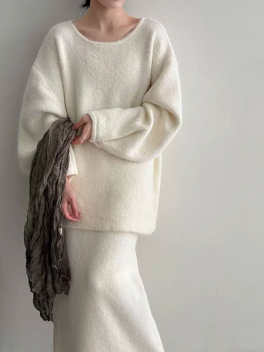 Relaxed Button-Back Jumper And Skirt Set With Balloon Sleeves – Cream