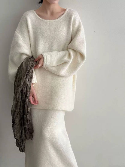 Relaxed Button-Back Jumper And Skirt Set With Balloon Sleeves – Cream