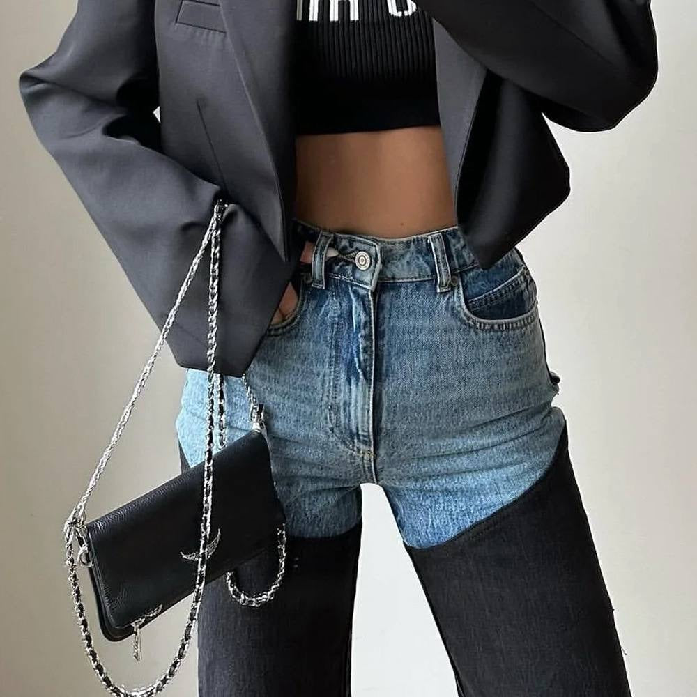 High-Waisted Straight-Leg Jeans With Contrast Panels And Pockets – Blue And Black