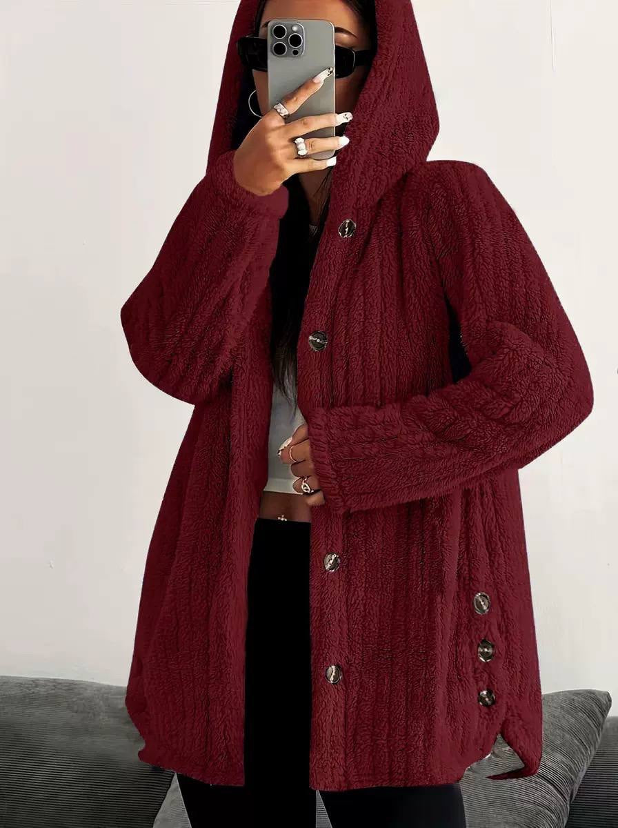 Relaxed Hooded Coat With Button Front And Side Detailing – Burgundy