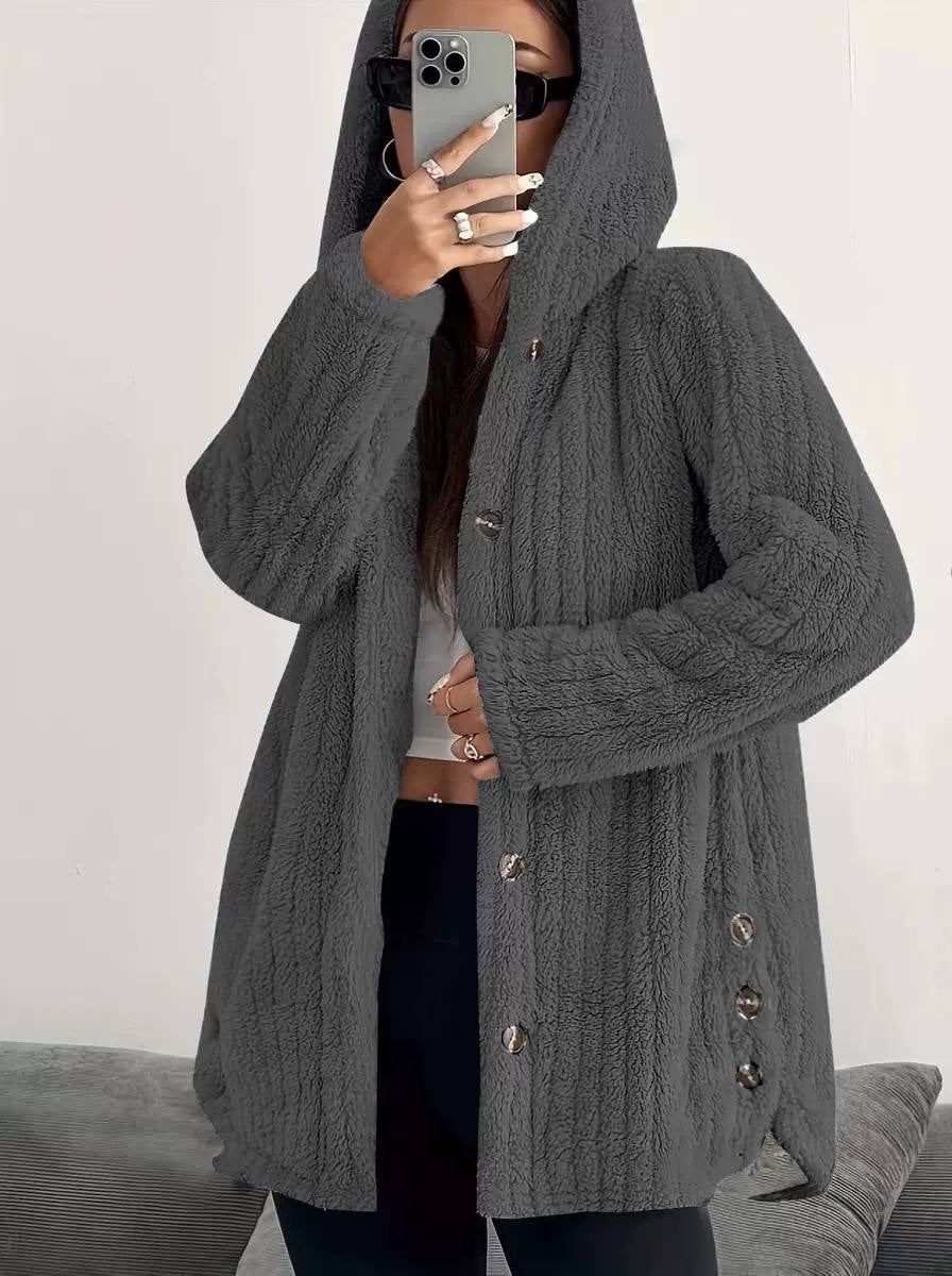 Relaxed Hooded Coat With Button Front And Side Detailing – Dark Grey