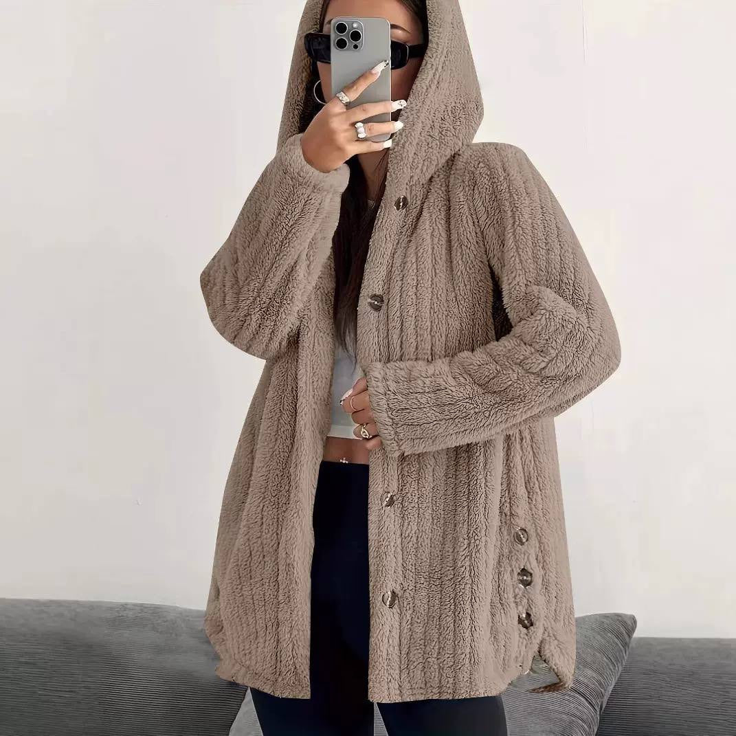Relaxed Hooded Coat With Button Front And Side Detailing – Taupe