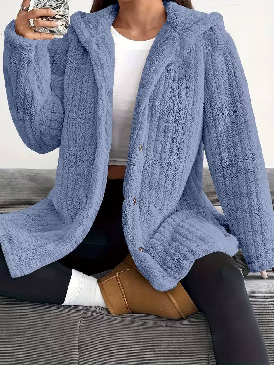 Relaxed Hooded Coat With Button Front And Side Detailing – Blue