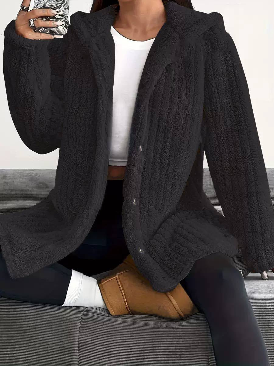 Relaxed Hooded Coat With Button Front And Side Detailing – Black
