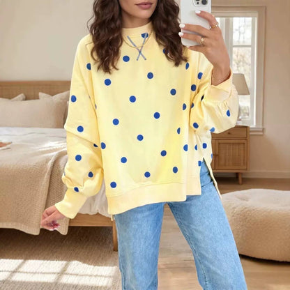 Relaxed Polka Dot Sweatshirt With Crew Neck And Side Splits – Yellow Polka Dot