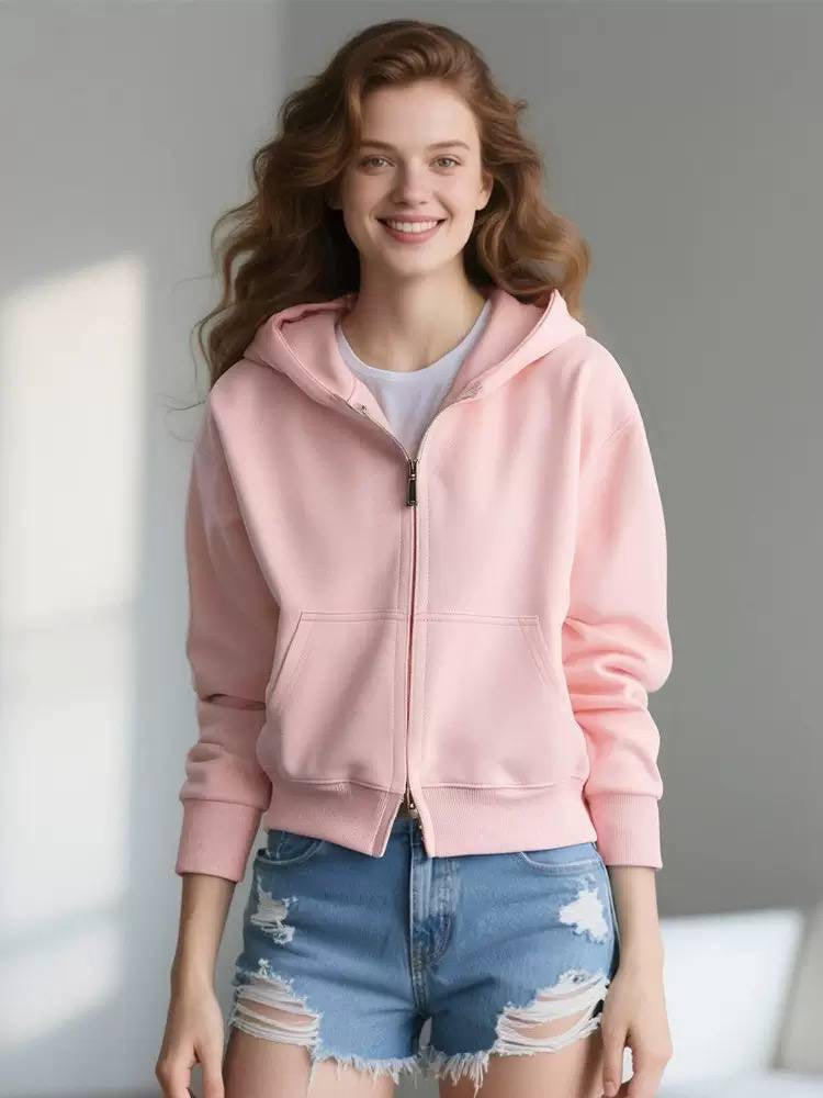 Relaxed Hooded Zip-Up Jacket With Front Pockets – Pink