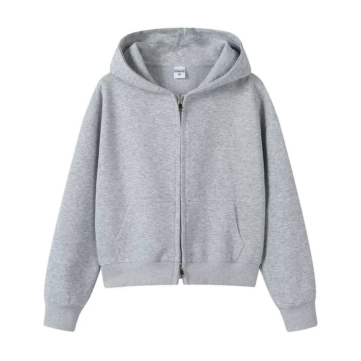 Relaxed Hooded Zip-Up Jacket With Front Pockets – Grey