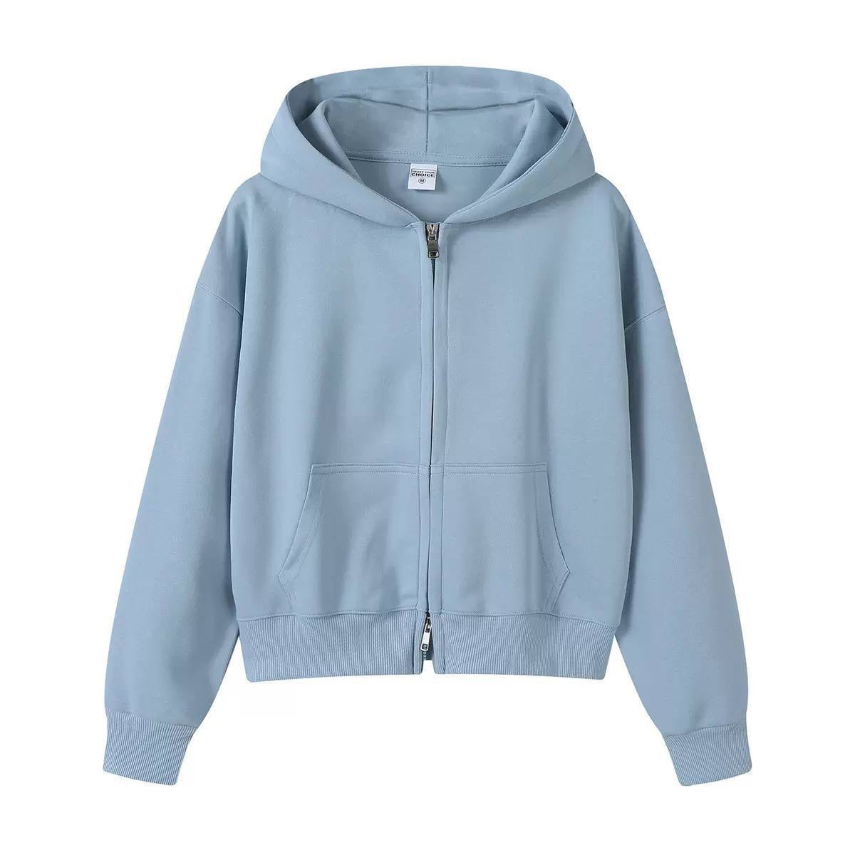 Relaxed Hooded Zip-Up Jacket With Front Pockets – Light Blue
