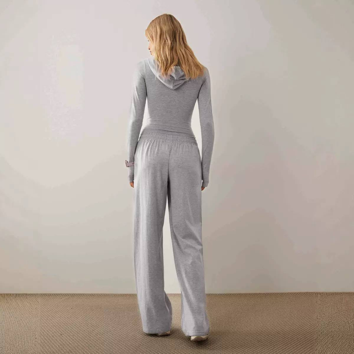 Cropped Zip-Up Hooded Top And Wide-Leg Trouser Set – Light Grey