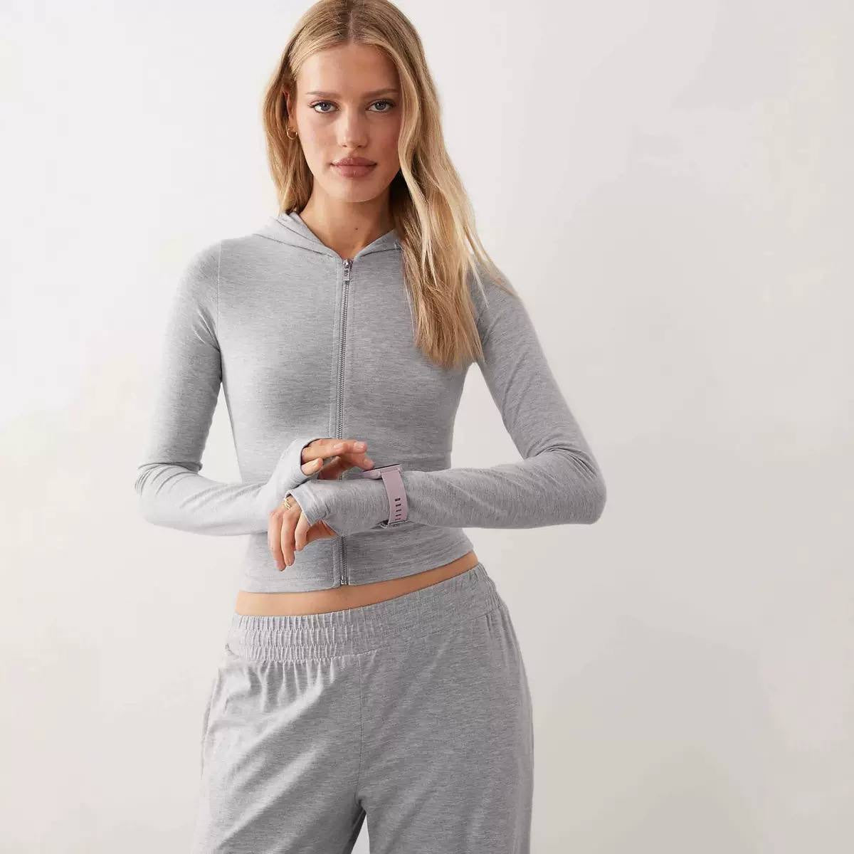 Cropped Zip-Up Hooded Top And Wide-Leg Trouser Set – Light Grey