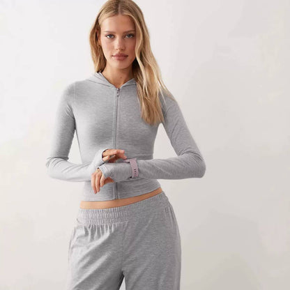 Cropped Zip-Up Hooded Top And Wide-Leg Trouser Set – Light Grey