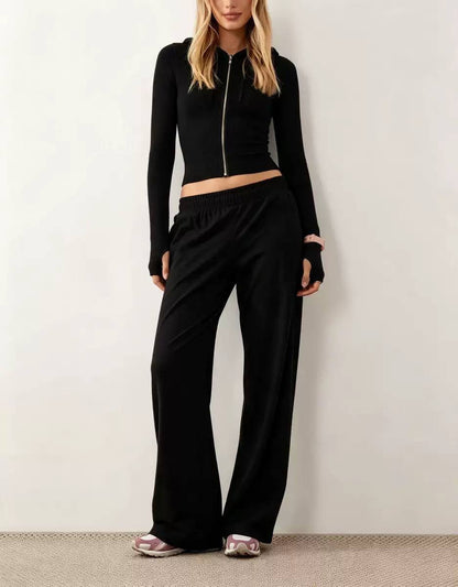 Cropped Zip-Up Hooded Top And Wide-Leg Trouser Set – Black