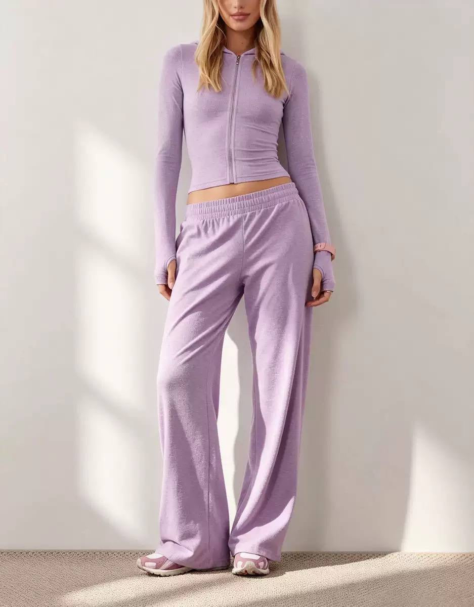 Cropped Zip-Up Hooded Top And Wide-Leg Trouser Set – Lilac