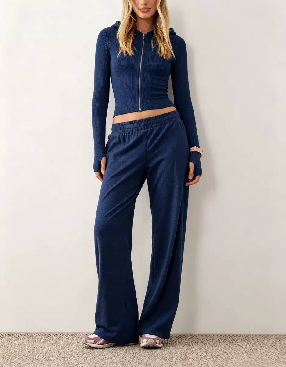 Cropped Zip-Up Hooded Top And Wide-Leg Trouser Set – Navy