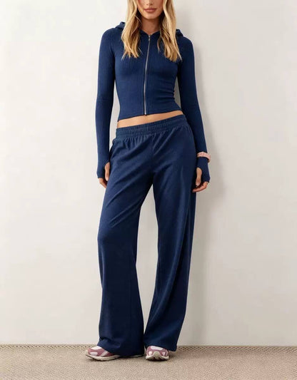 Cropped Zip-Up Hooded Top And Wide-Leg Trouser Set – Navy