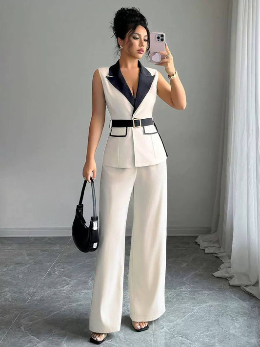 Belted Sleeveless Blazer And Wide Leg Trouser Set – Cream