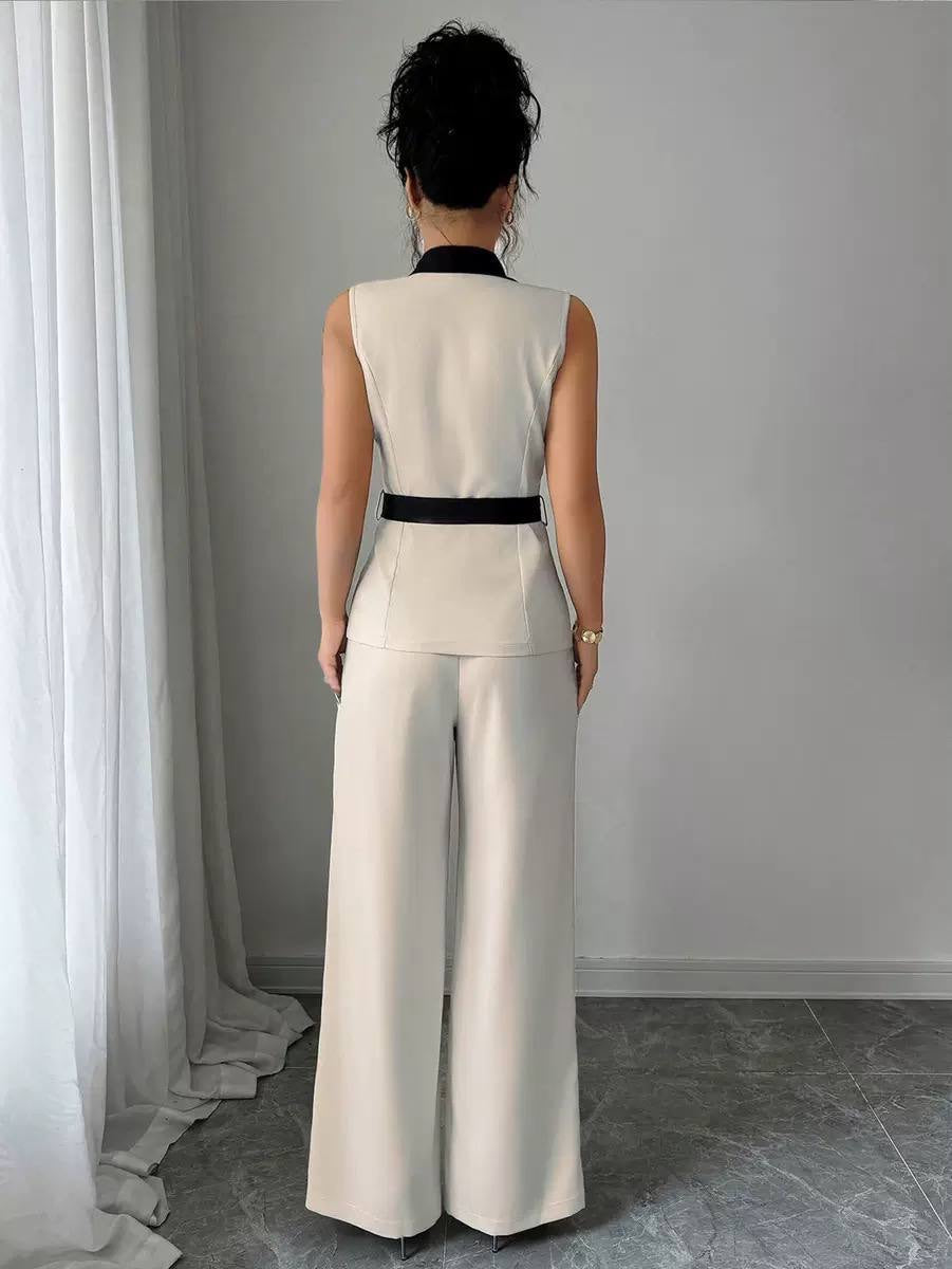 Belted Sleeveless Blazer And Wide Leg Trouser Set – Cream