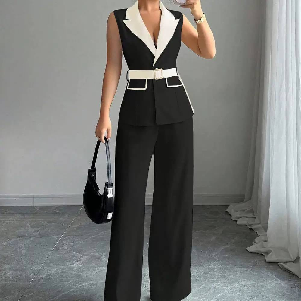 Belted Sleeveless Blazer And Wide Leg Trouser Set – Black