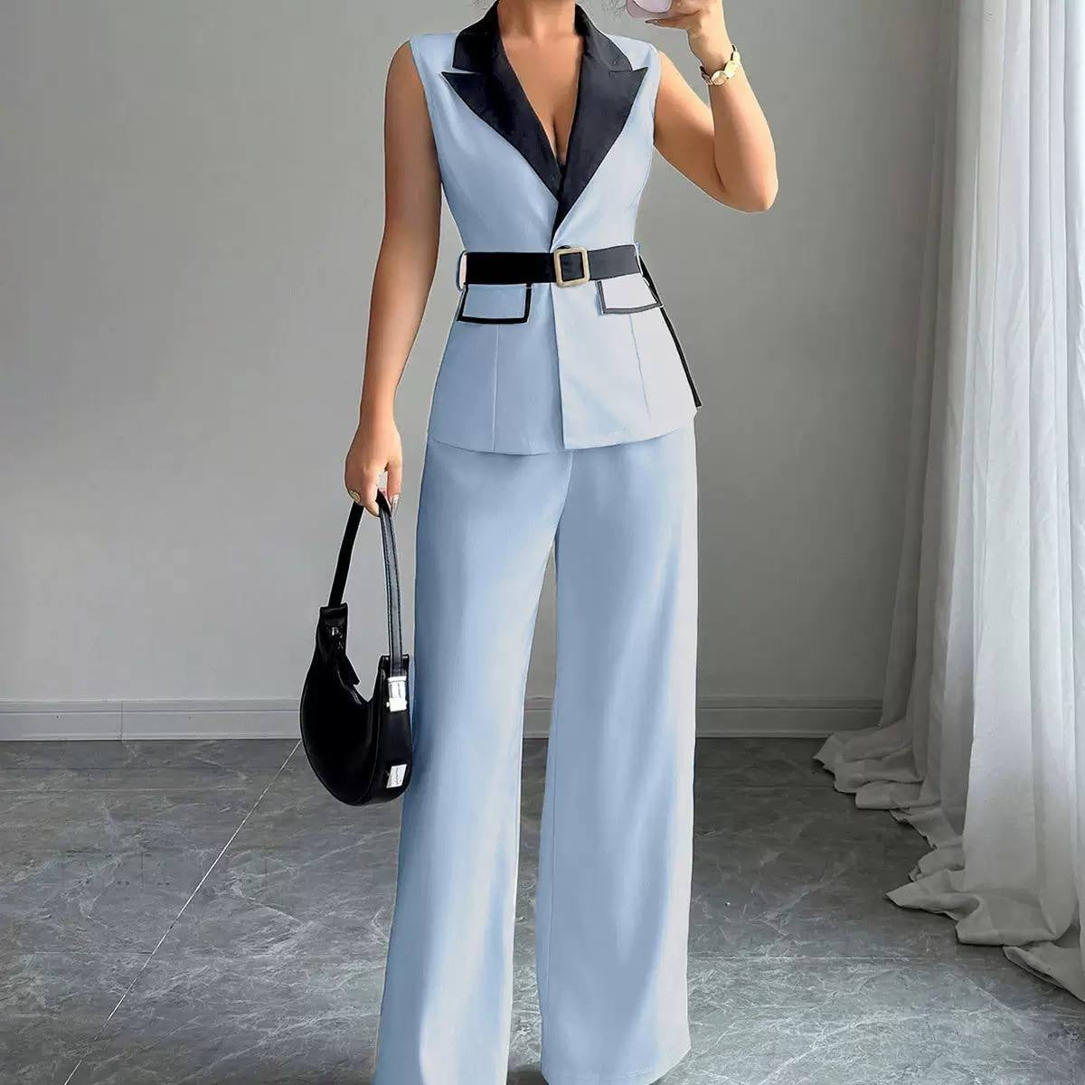 Belted Sleeveless Blazer And Wide Leg Trouser Set – Light Blue