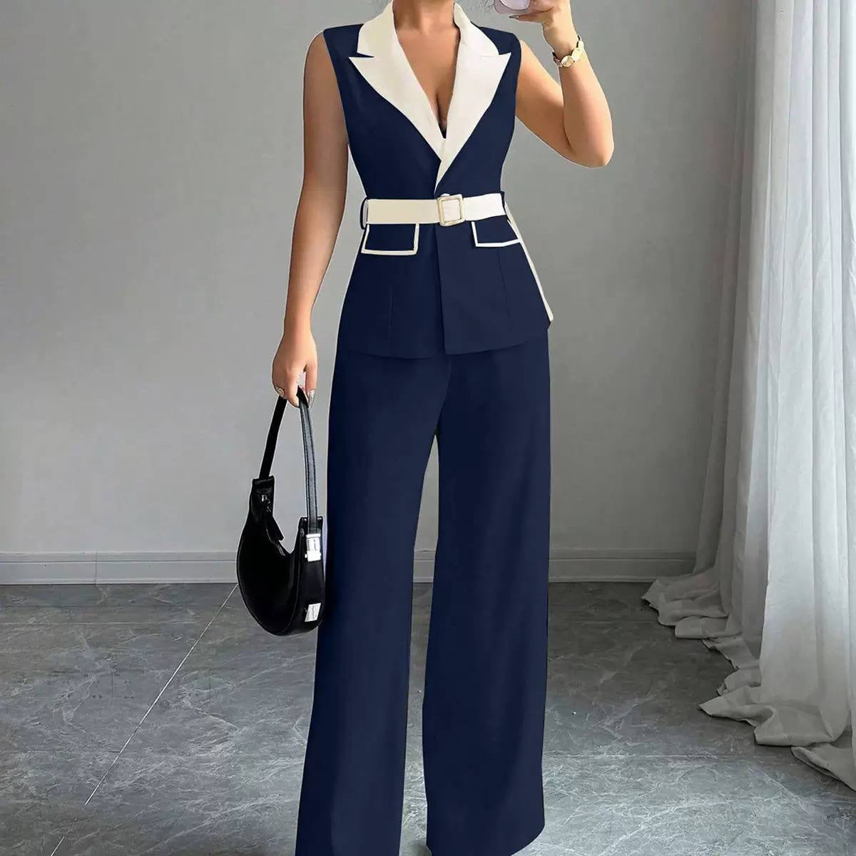 Belted Sleeveless Blazer And Wide Leg Trouser Set – Navy