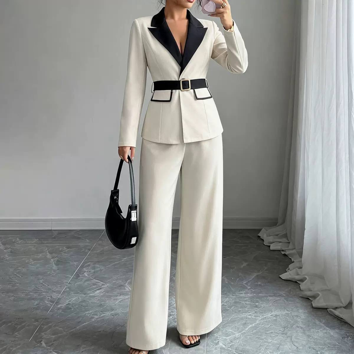Belted Blazer And Wide-Leg Trousers Set – Ivory