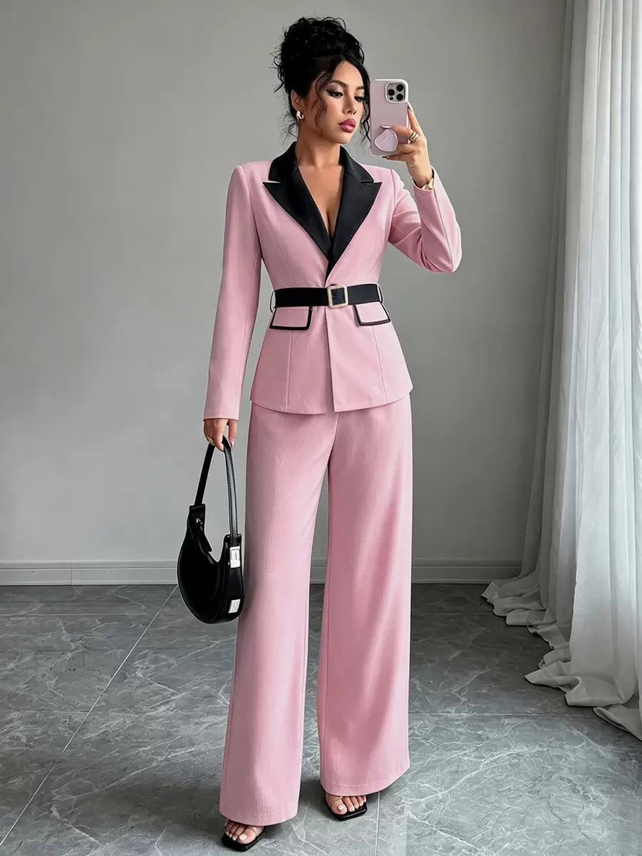 Belted Blazer And Wide-Leg Trousers Set – Pink
