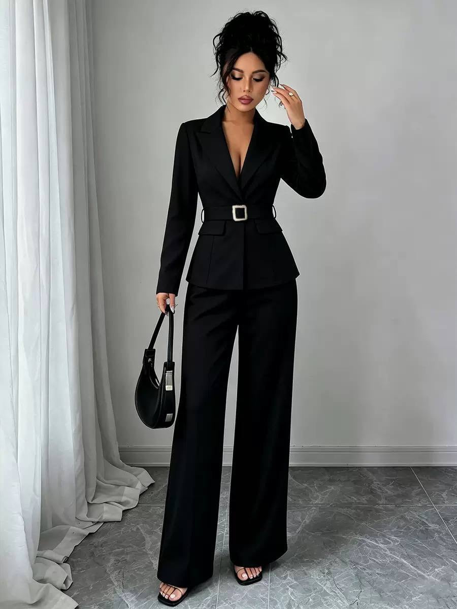 Belted Blazer And Wide-Leg Trousers Set – Black