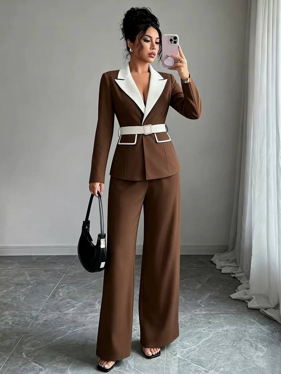 Belted Blazer And Wide-Leg Trousers Set – Brown