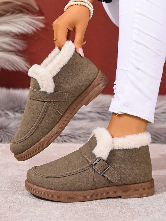 Buckle Detail Ankle Boots With Fluffy Trim – Taupe