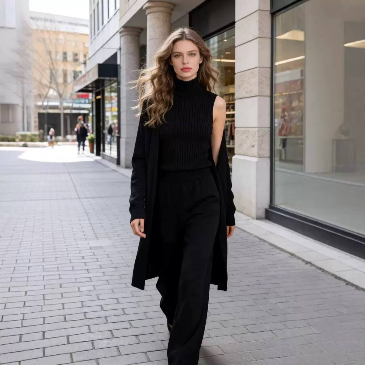 Three-Piece High Neck Top, Cardigan and Trouser Set – Black