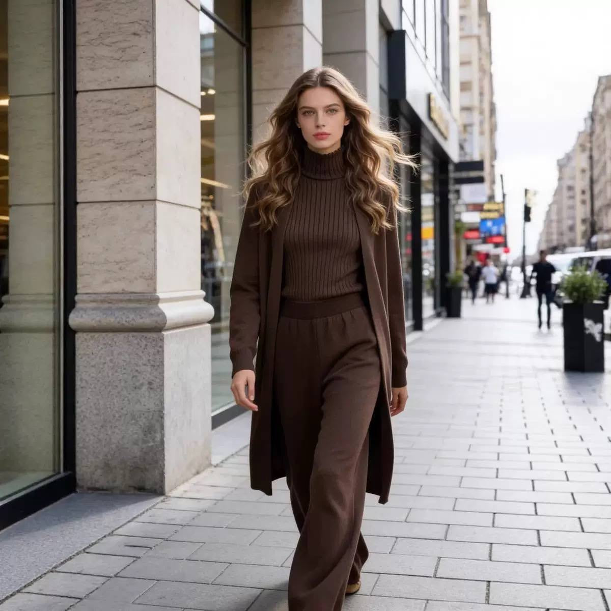 Three-Piece High Neck Top, Cardigan and Trouser Set – Brown