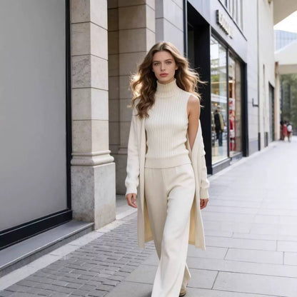 Three-Piece High Neck Top, Cardigan and Trouser Set – Cream