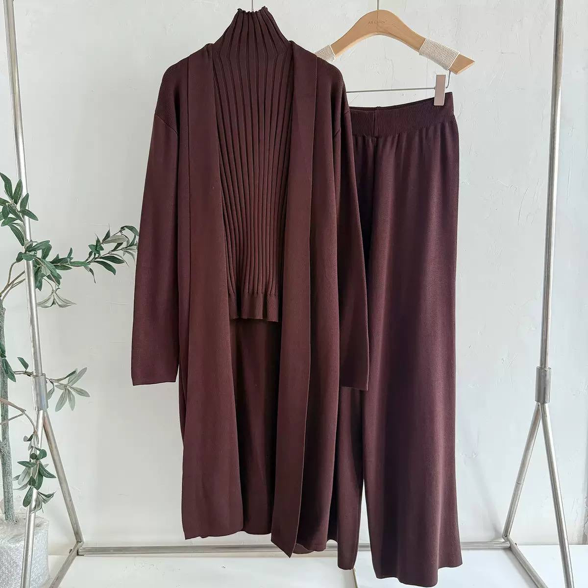 Three-Piece High Neck Top, Cardigan and Trouser Set – Brown
