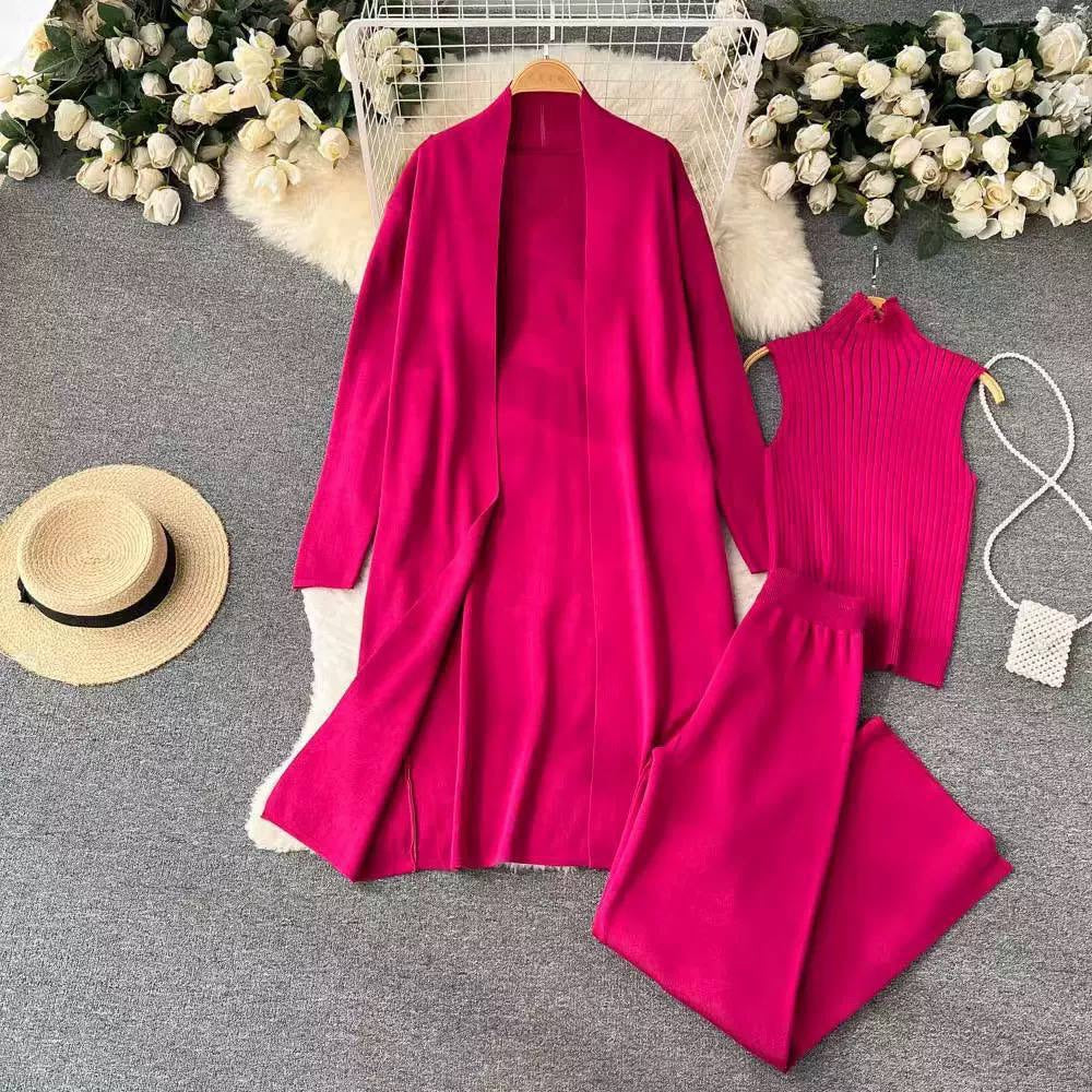 Three-Piece High Neck Top, Cardigan and Trouser Set – Hot Pink