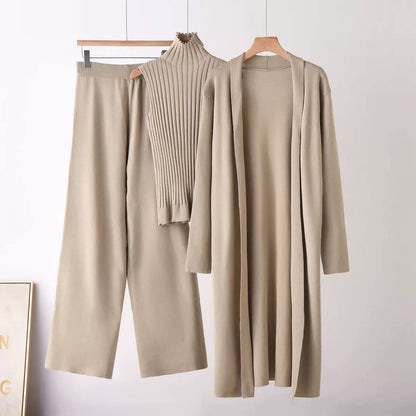 Three-Piece High Neck Top, Cardigan and Trouser Set – Beige