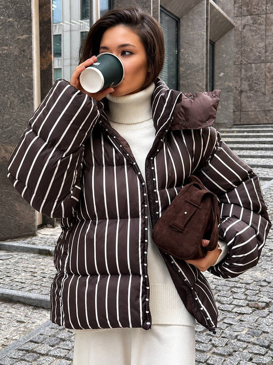 Relaxed Striped Puffer Jacket With High Collar – Brown Stripe