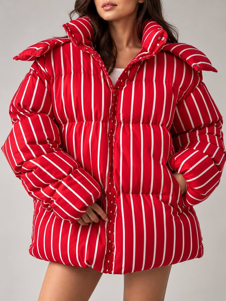 Relaxed Striped Puffer Jacket With High Collar – Red Stripe