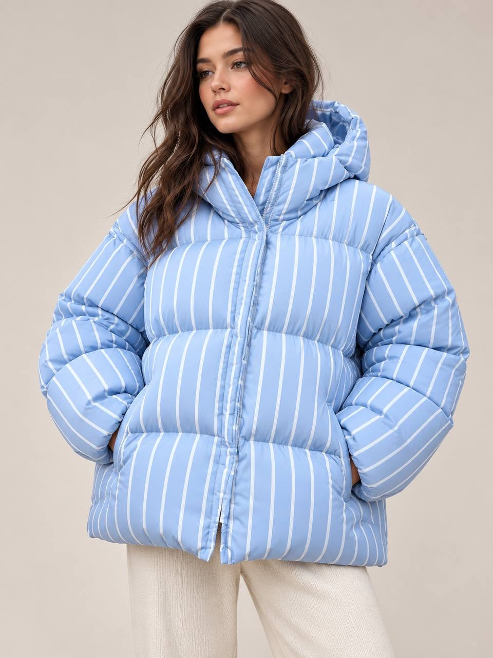 Relaxed Striped Puffer Jacket With High Collar – Light Blue Stripe
