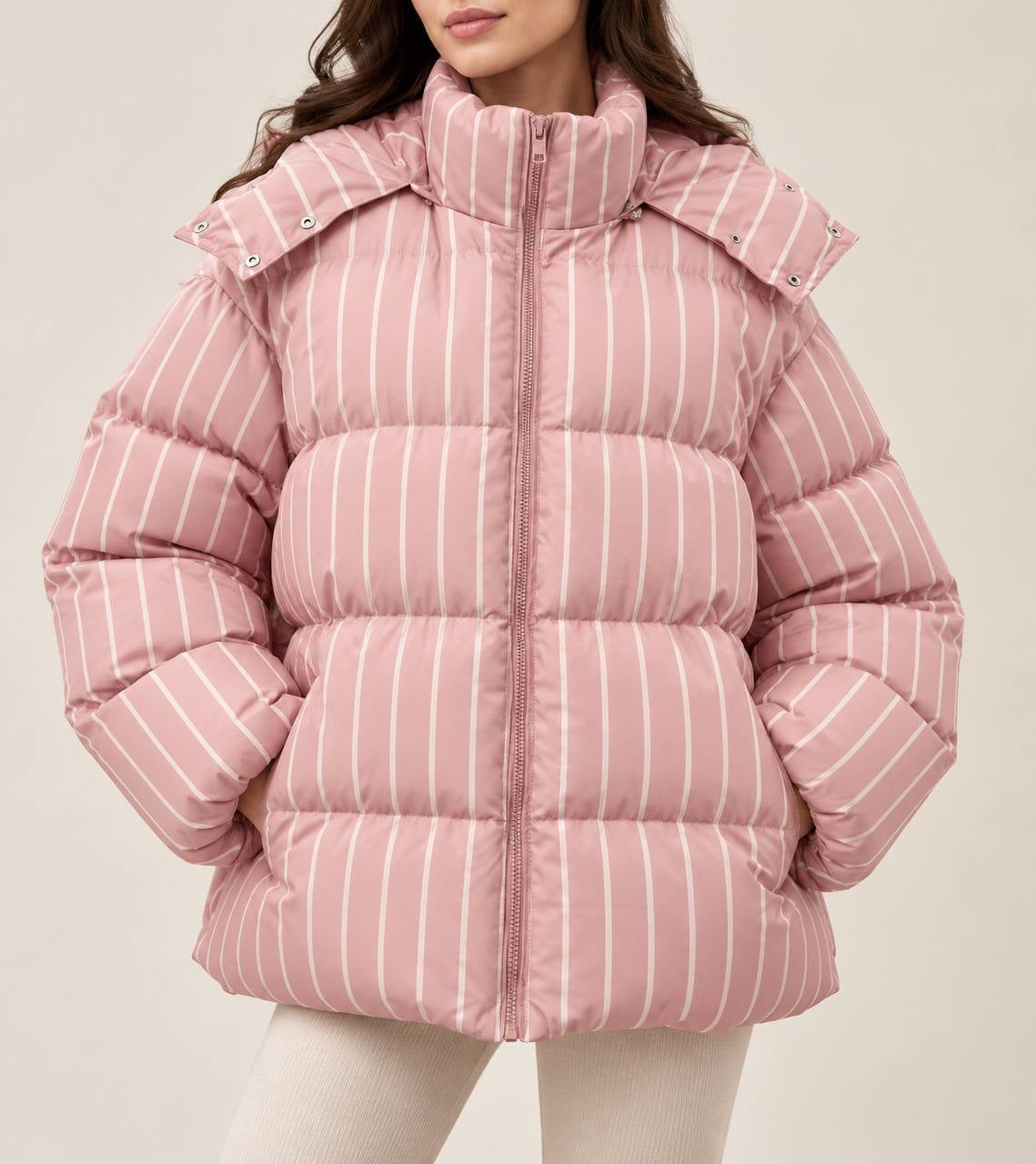 Relaxed Striped Puffer Jacket With High Collar – Pink Stripe
