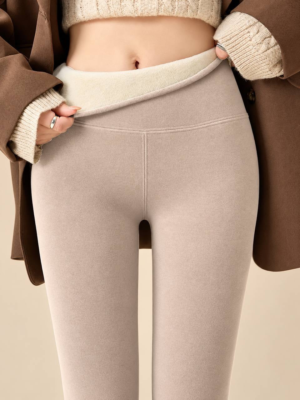 High-Waisted Leggings With A Wide Stretch Waistband – Beige
