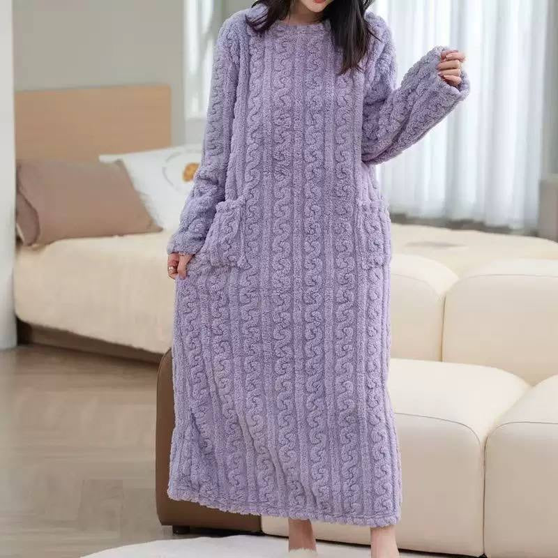 Textured Long Sleeve Lounge Dress With Patch Pockets – Lilac