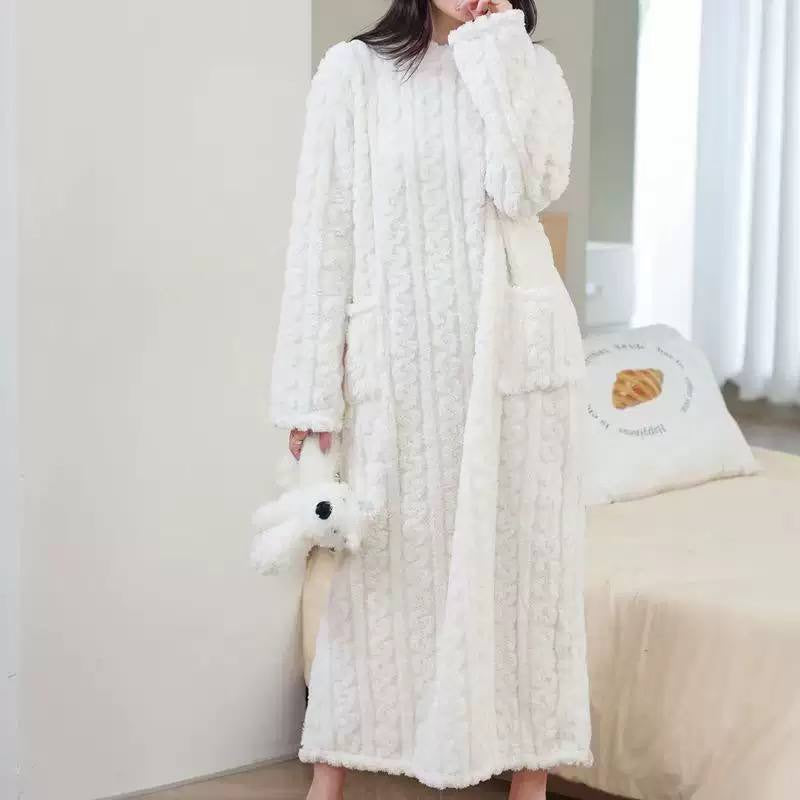 Textured Long Sleeve Lounge Dress With Patch Pockets – White