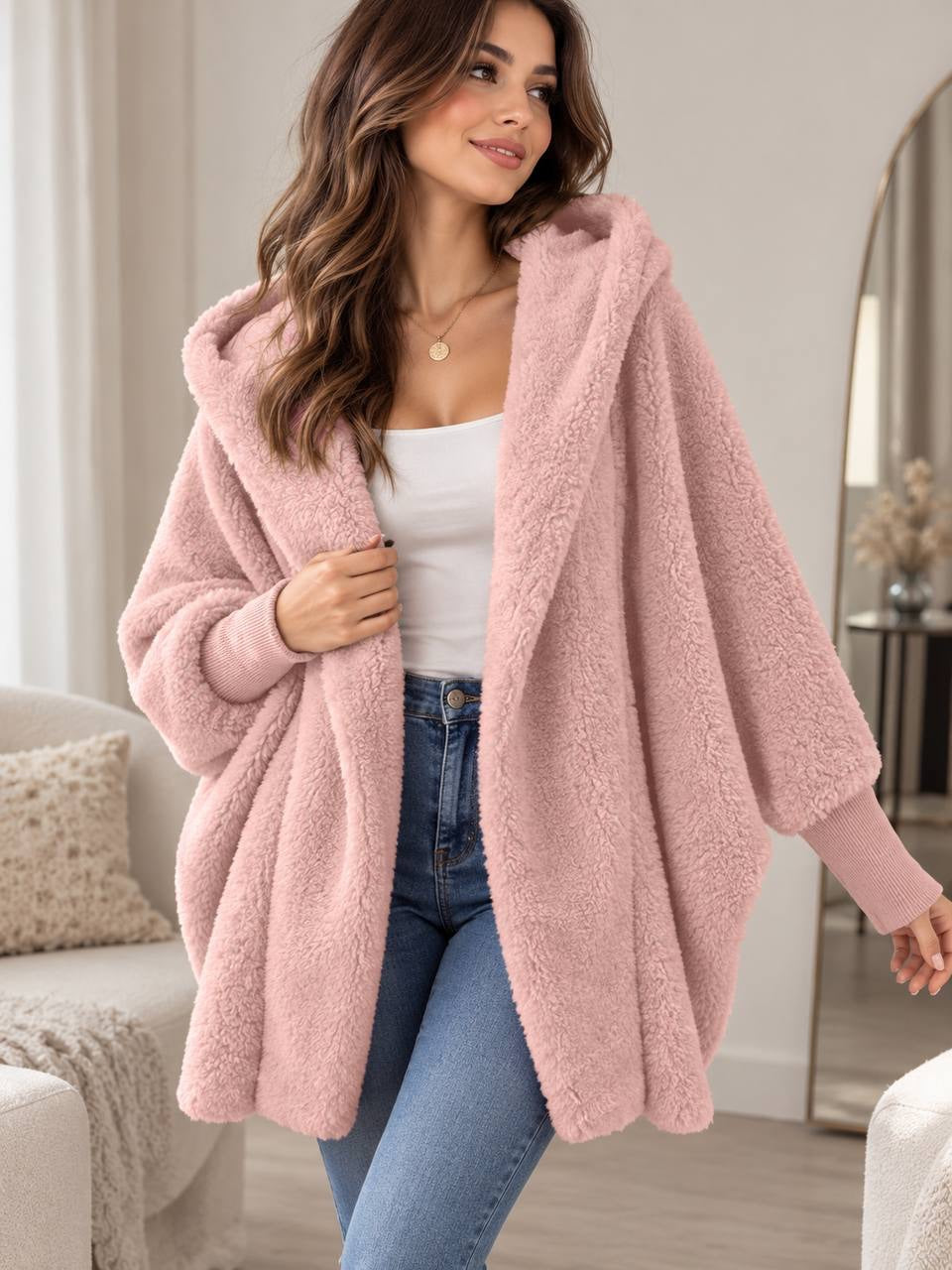 Relaxed Hooded Open-Front Jacket With Ribbed Cuffs – Pink